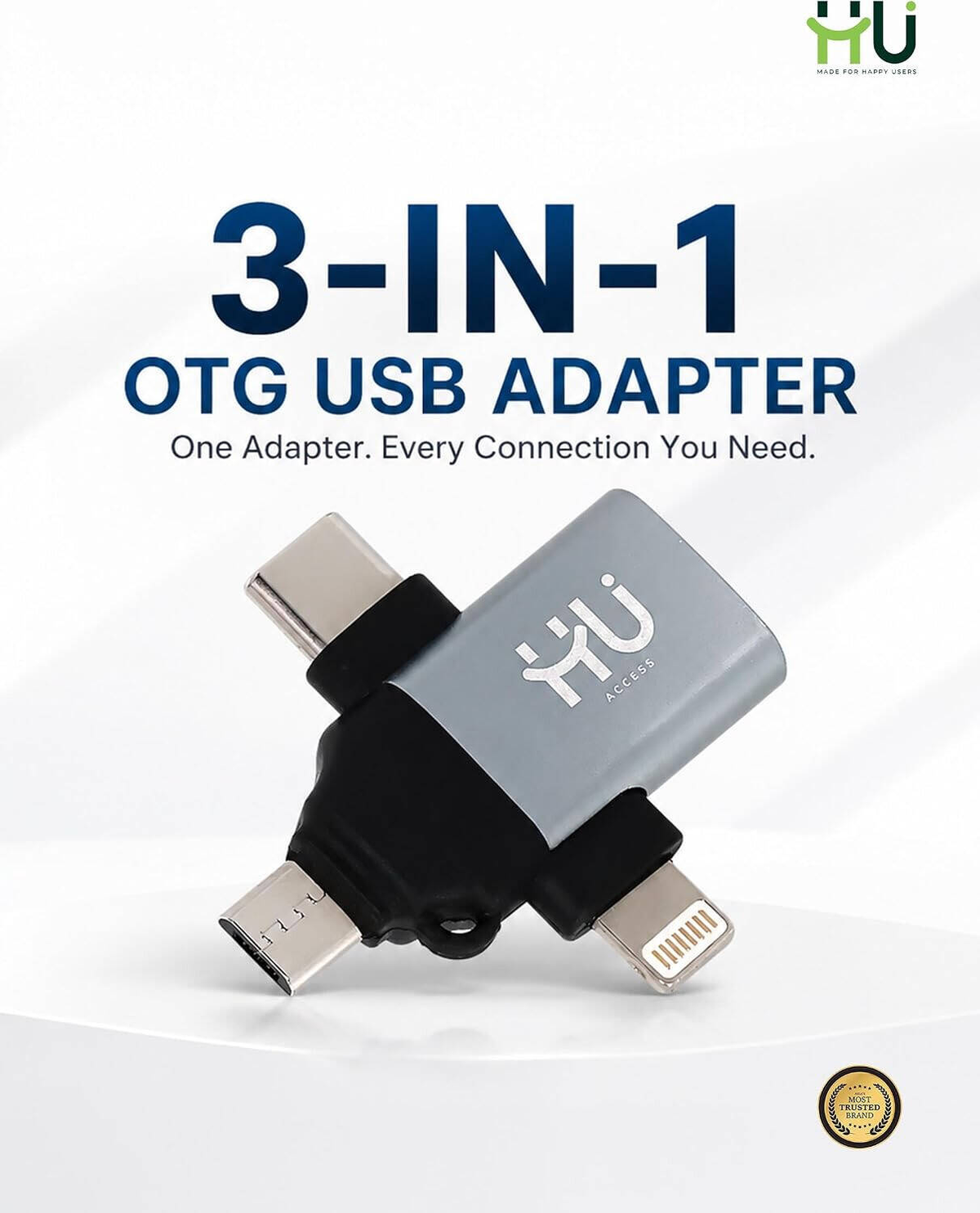 HU 3-in-1 OTG USB Adapter with USB-C, Micro USB, and Lightning Connectors, Adapter Easy-to-Use OTG Adapter, Gray  HAC-1050