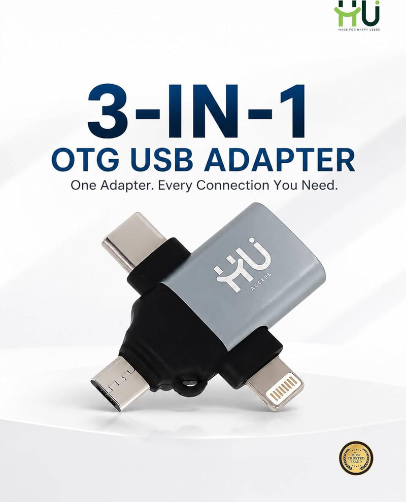 HU 3-in-1 OTG USB Adapter with USB-C, Micro USB, and Lightning Connectors, Adapter Easy-to-Use OTG Adapter, Gray  HAC-1050
