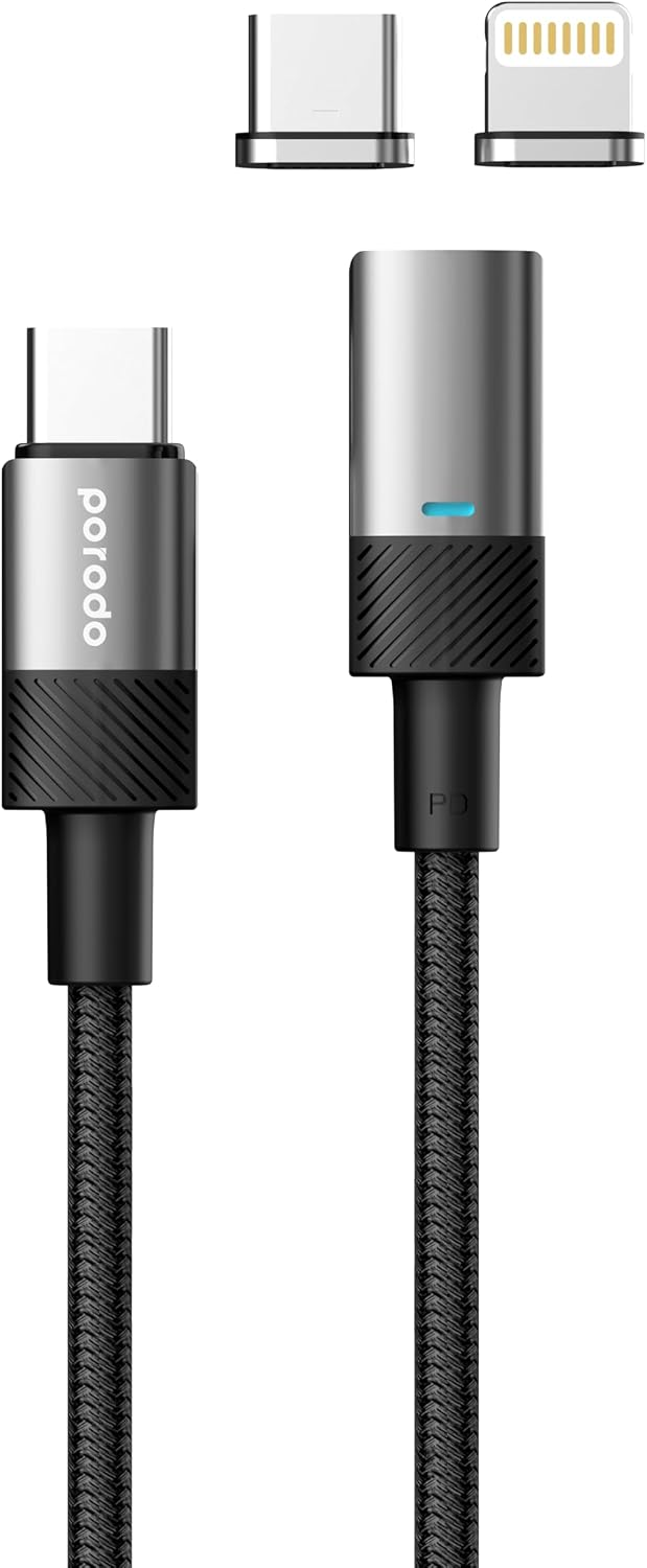 Porodo Fast Charging Cable with 100W PD USB-C & Magnetic Lightning Connectors 1.2M Black
