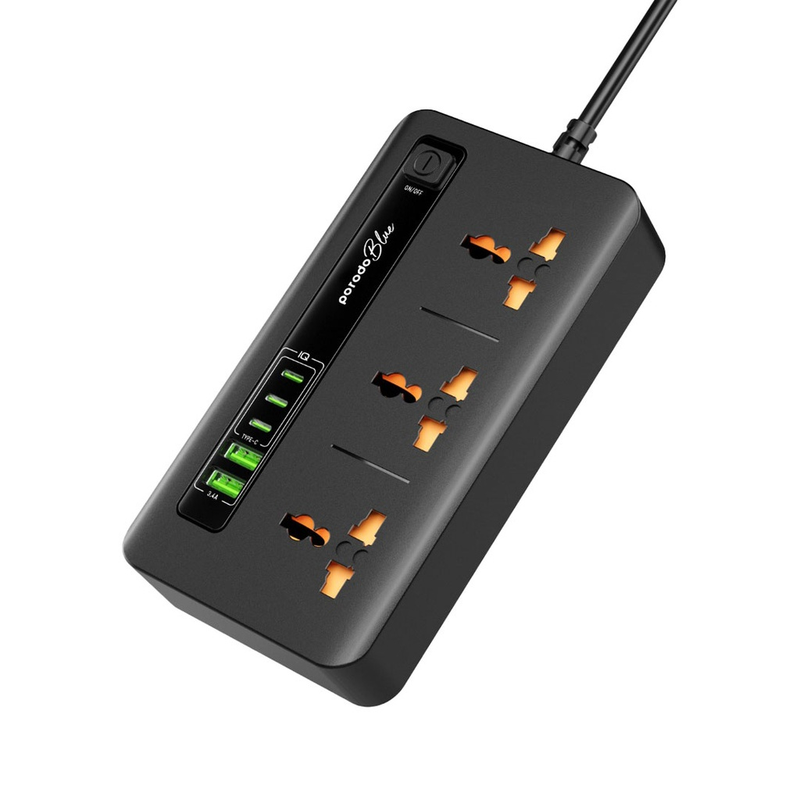 Porodo Blue 3 AC Power Socket With  2XUSB-A, 3XType-C 2M 3000W - Black