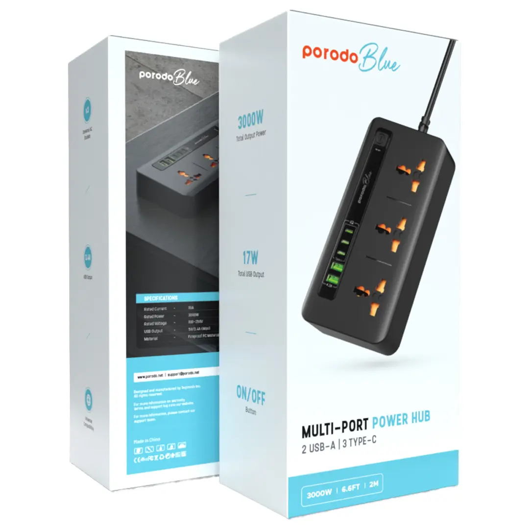 Porodo Blue 3 AC Power Socket With  2XUSB-A, 3XType-C 2M 3000W - Black