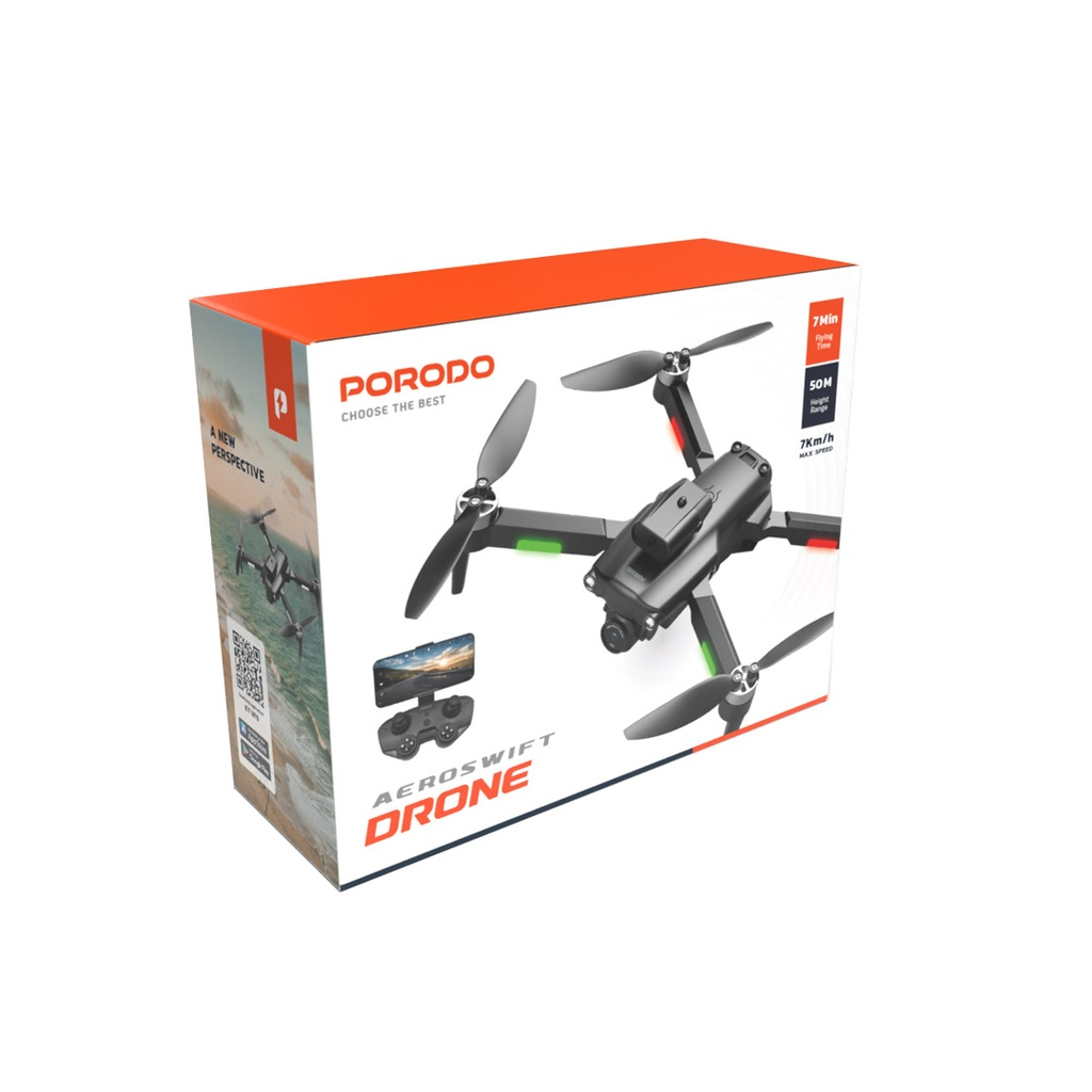 Porodo AeroSwift R/C Folding Drone With Brushless Motor and Infrared Obstacle Avoidance - Black