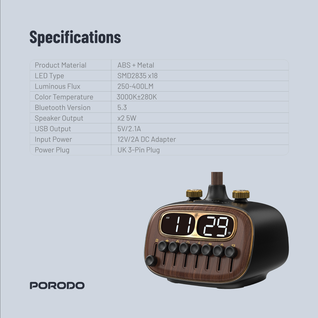 Porodo Retro Desk Lamp with Bluetooth Speaker & USB-A CHarging Port 5V/2.1A