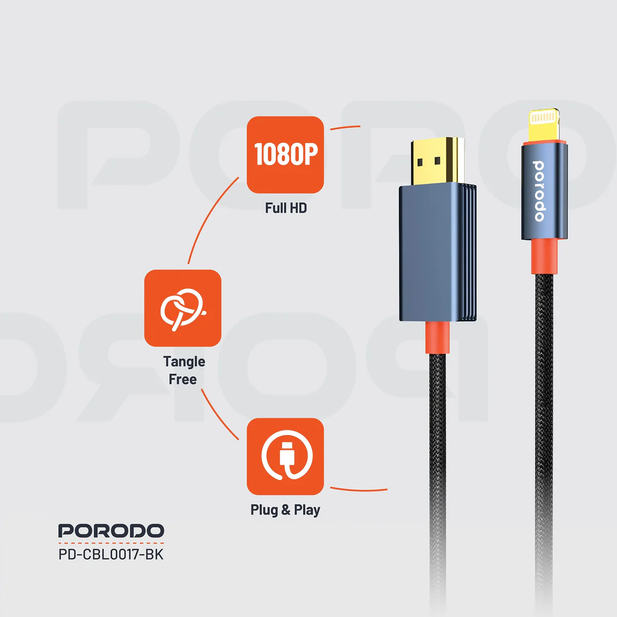 Porodo Alum. Alloy Woven Cable Lightning to HDMI 2m