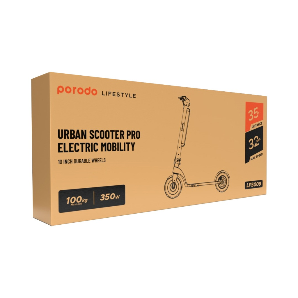 Porodo Urban Scooter Pro 350W Electric Scooter 36V/10AH 35KM- Black