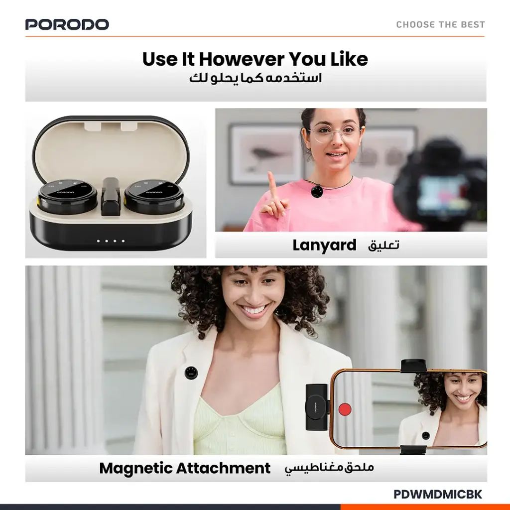 Porodo Posfessional Wireless Microphone Dual Mic with Charging  (Black)