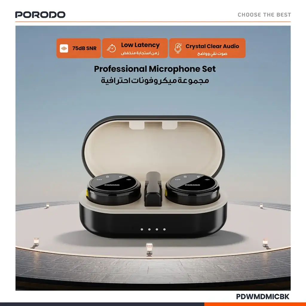 Porodo Posfessional Wireless Microphone Dual Mic with Charging  (Black)