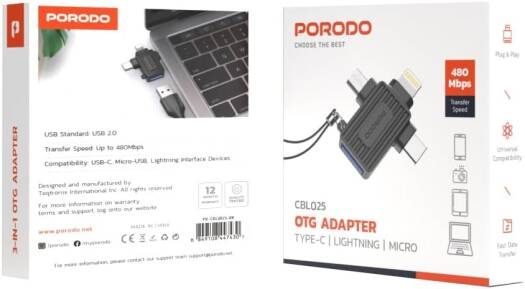 Porodo USB A to Lightning Micro and Type-C Adapter