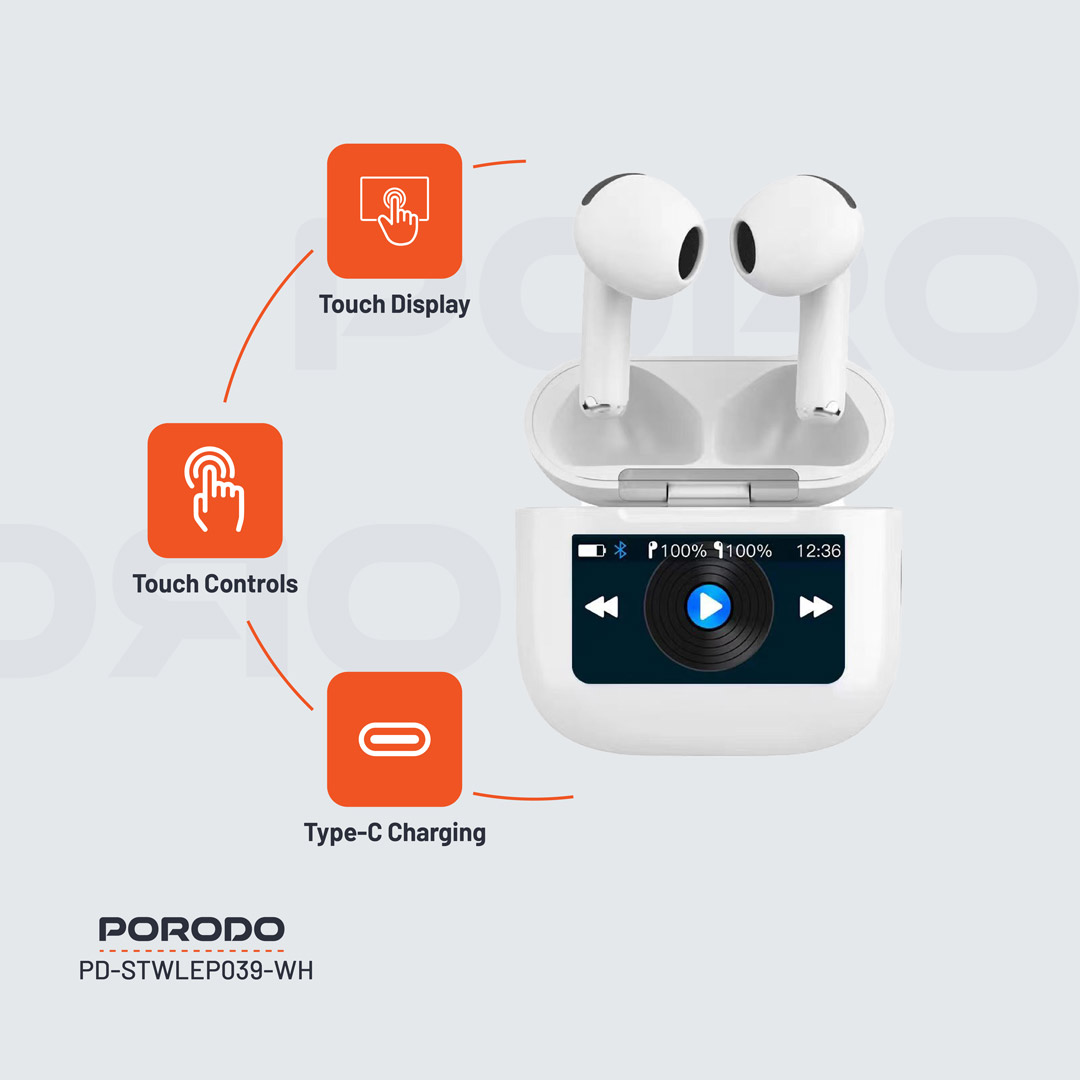 Porodo Soundtec Glimpse TWS ANC Earphone with Touch Screen - White