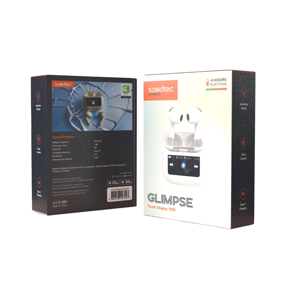 Porodo Soundtec Glimpse TWS ANC Earphone with Touch Screen - White