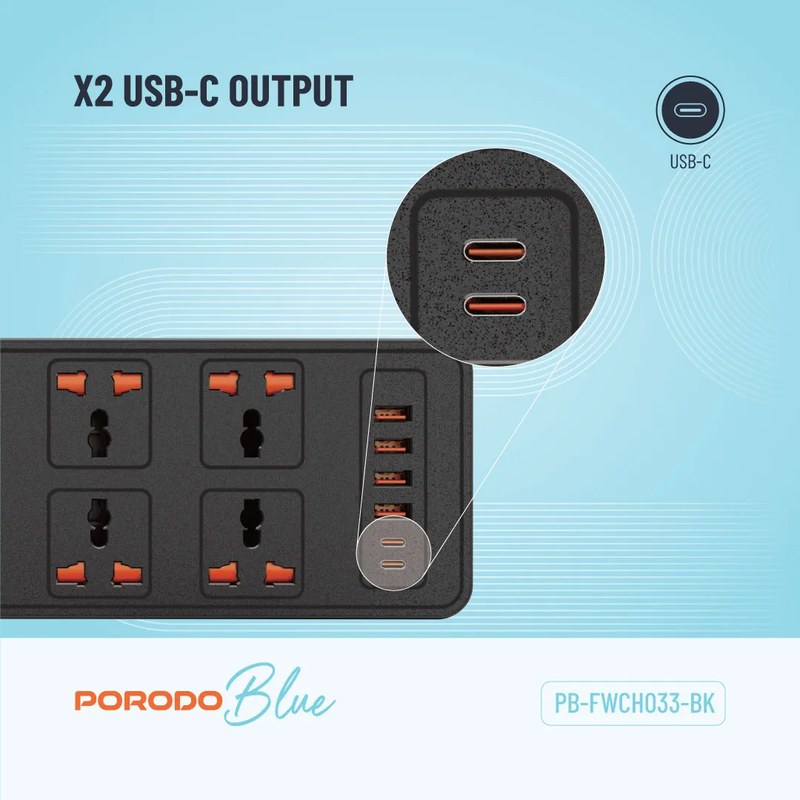 Porodo Blue 6 AC Power Socket With X2 USB-C X4 USB-A Port UK (3m wire) - Black
