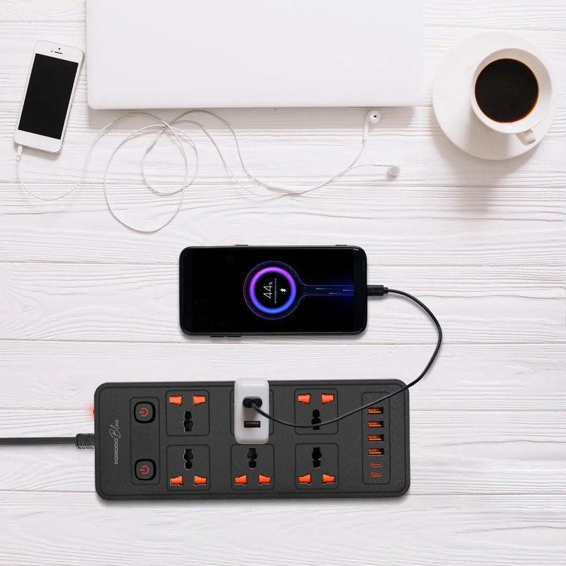 Porodo Blue 6 AC Power Socket With X2 USB-C X4 USB-A Port UK (3m wire) - Black