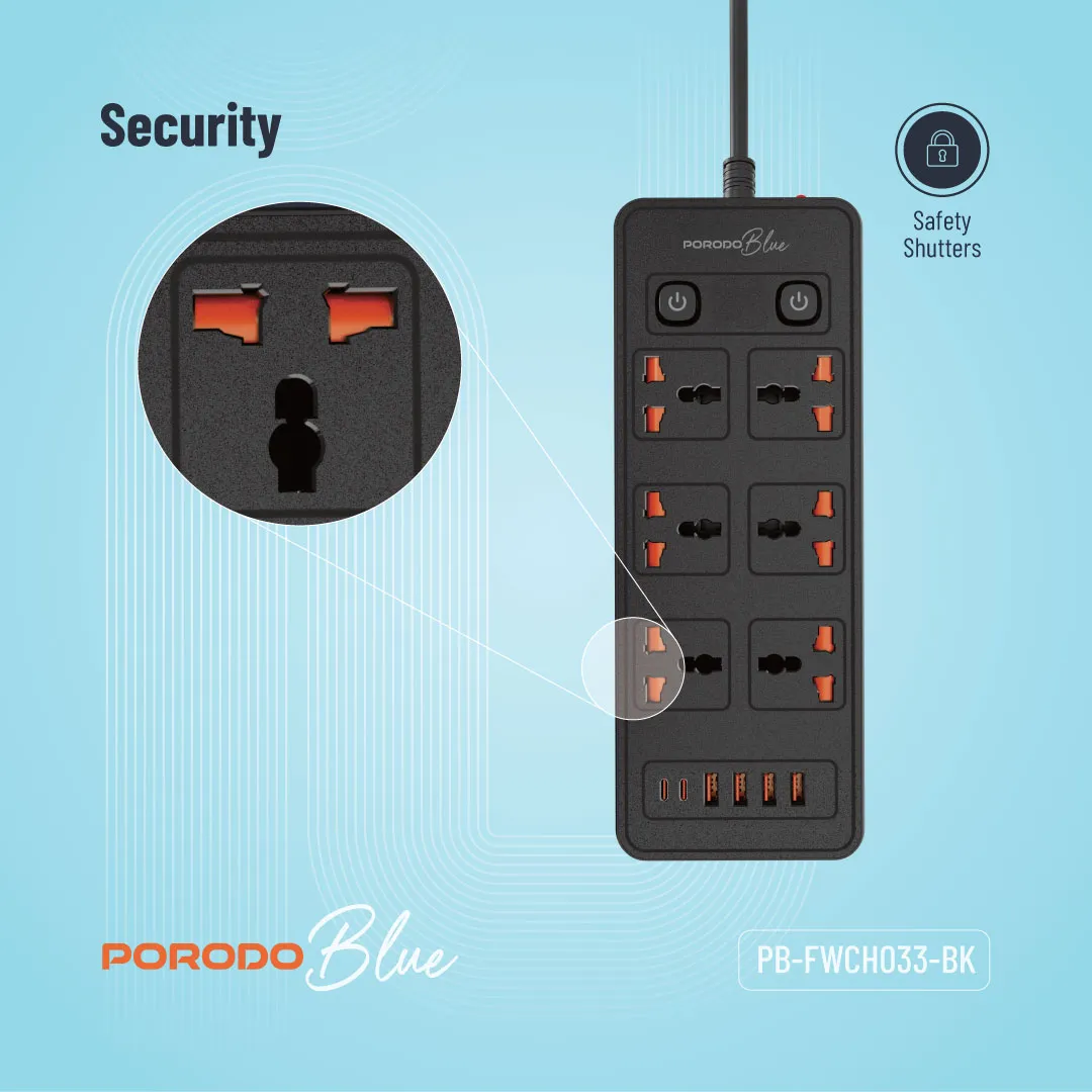 Porodo Blue 6 AC Power Socket With X2 USB-C X4 USB-A Port UK (3m wire) - Black