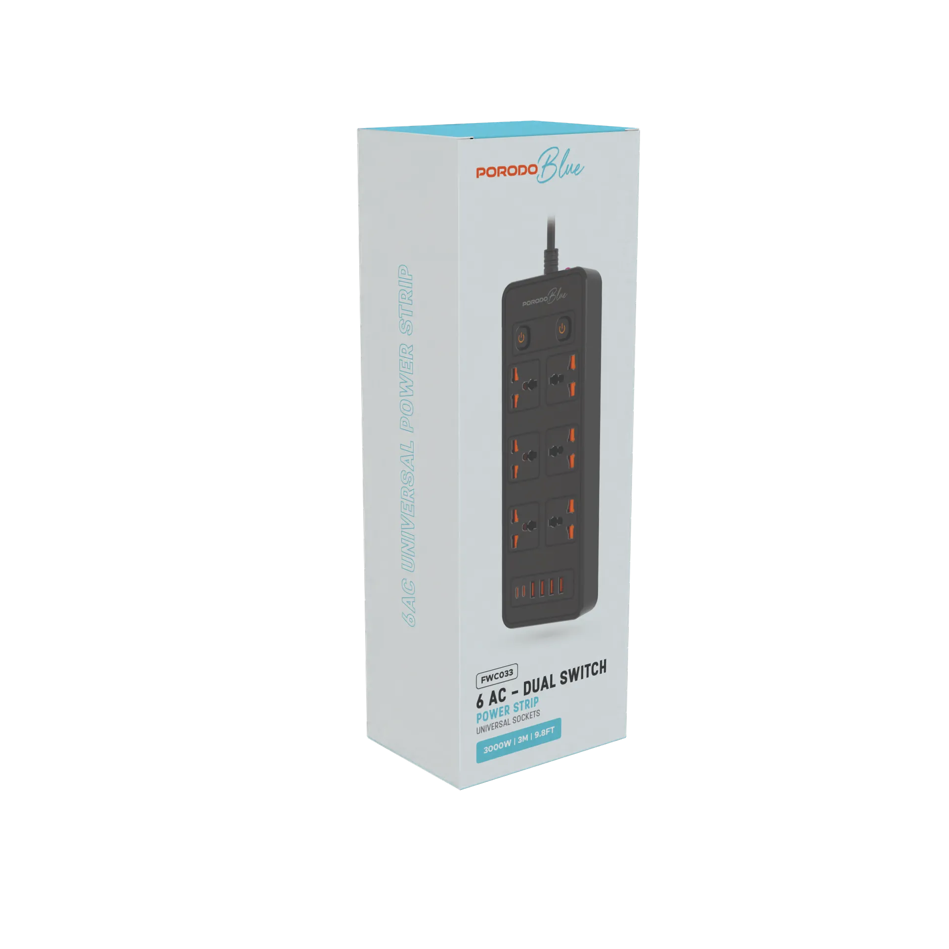 Porodo Blue 6 AC Power Socket With X2 USB-C X4 USB-A Port UK (3m wire) - Black