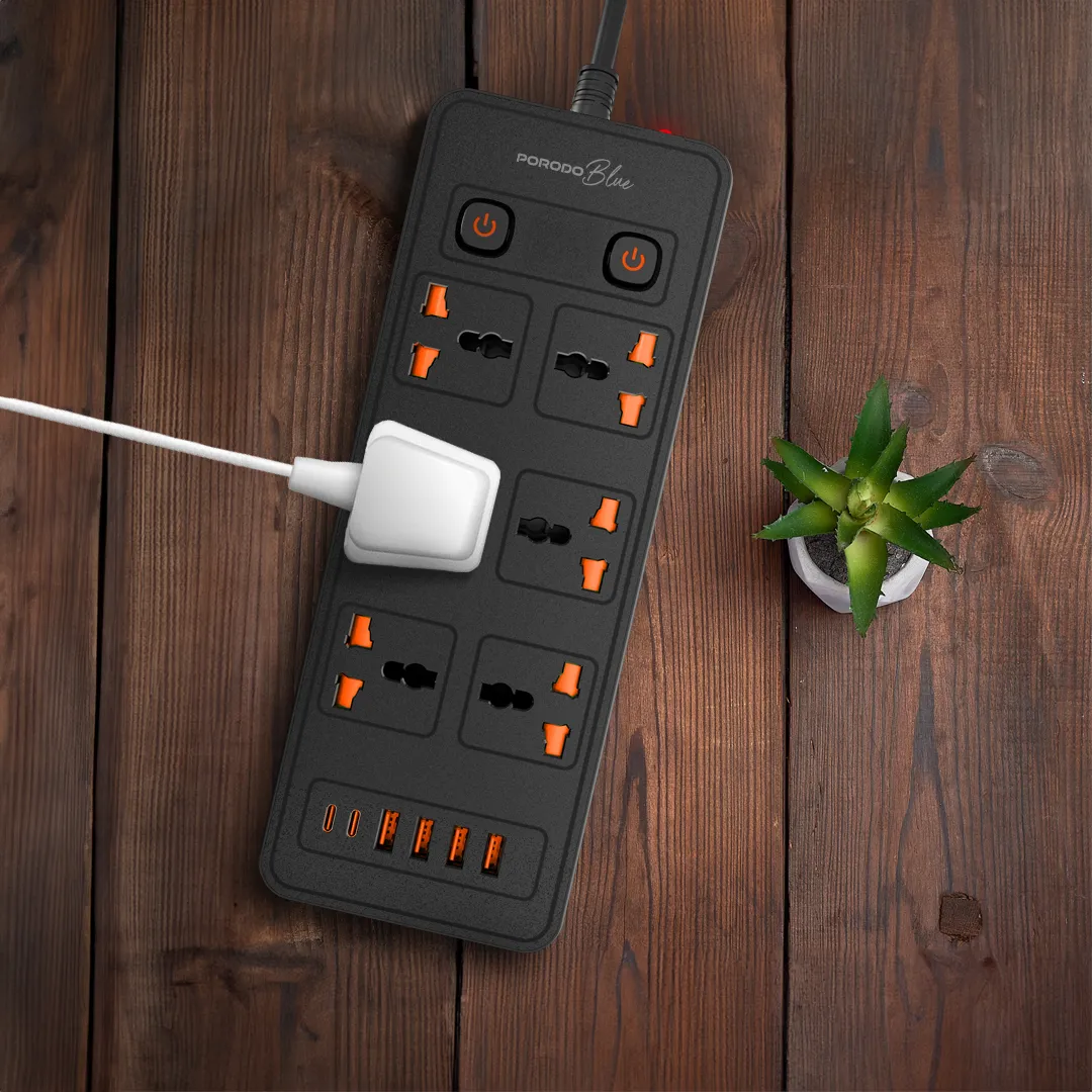 Porodo Blue 6 AC Power Socket With X2 USB-C X4 USB-A Port UK (3m wire) - Black