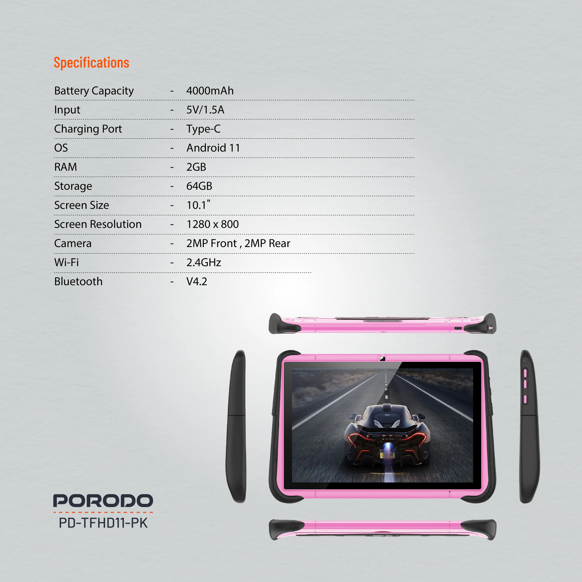 Porodo 10.1" Smart Tablet 2.4G 4000mAh 2+64GB