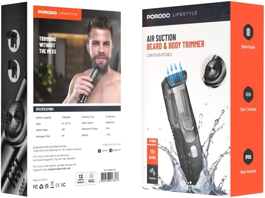 Porodo Lifetsyle Waterproof Dual Rechargeable Vacuum Trimmer 1400mAh - Grey and Black