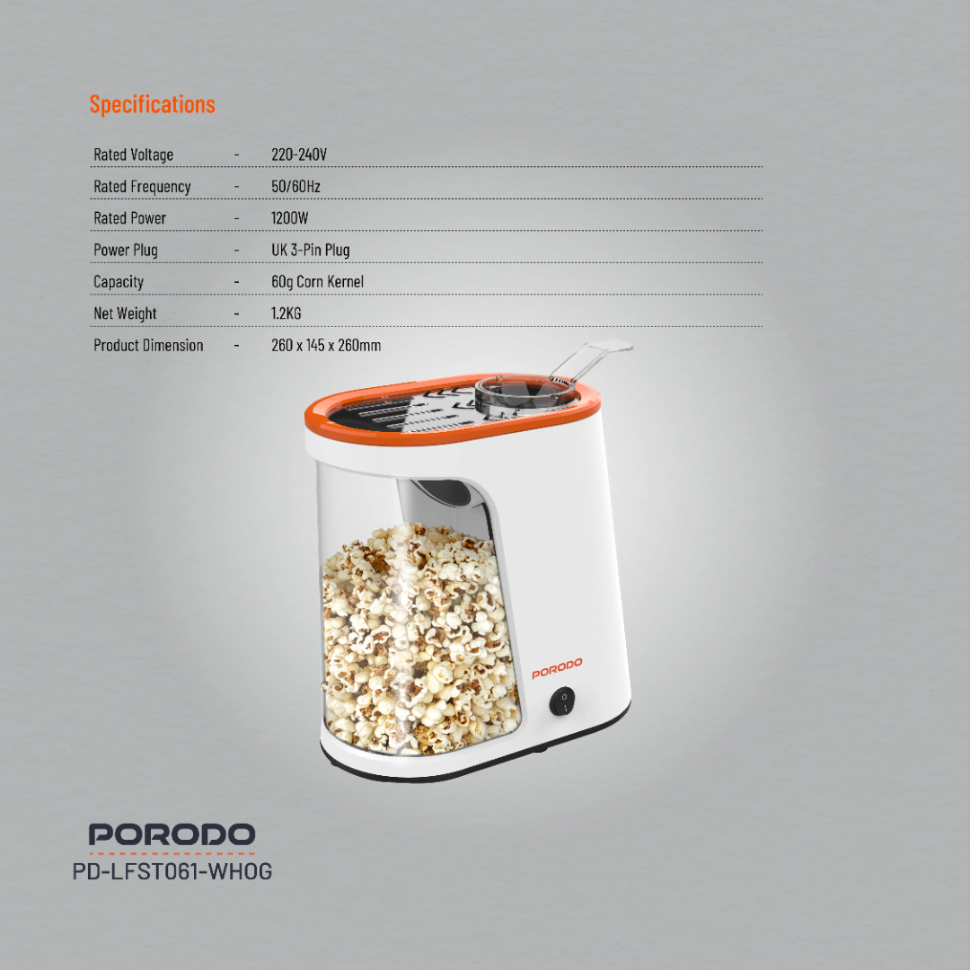 Porodo Lifetsyle Air-Popped 1200W Detachable Tank Popcorn Maker - White and Orange
