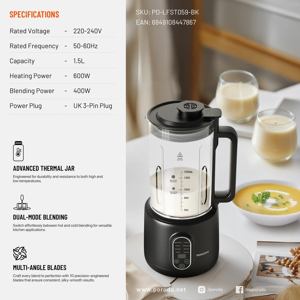 Porodo Lifetsyle Nut 600W Auto Hot and Cold Drink Maker 1500ml with Digital Display - Black
