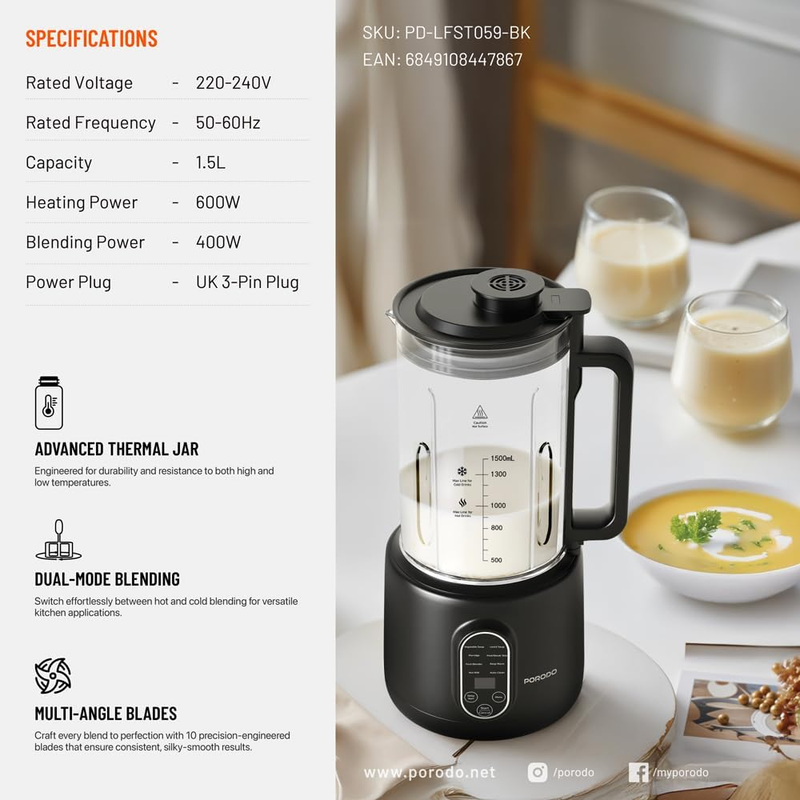 Porodo Lifetsyle Nut 600W Auto Hot and Cold Drink Maker 1500ml with Digital Display - Black
