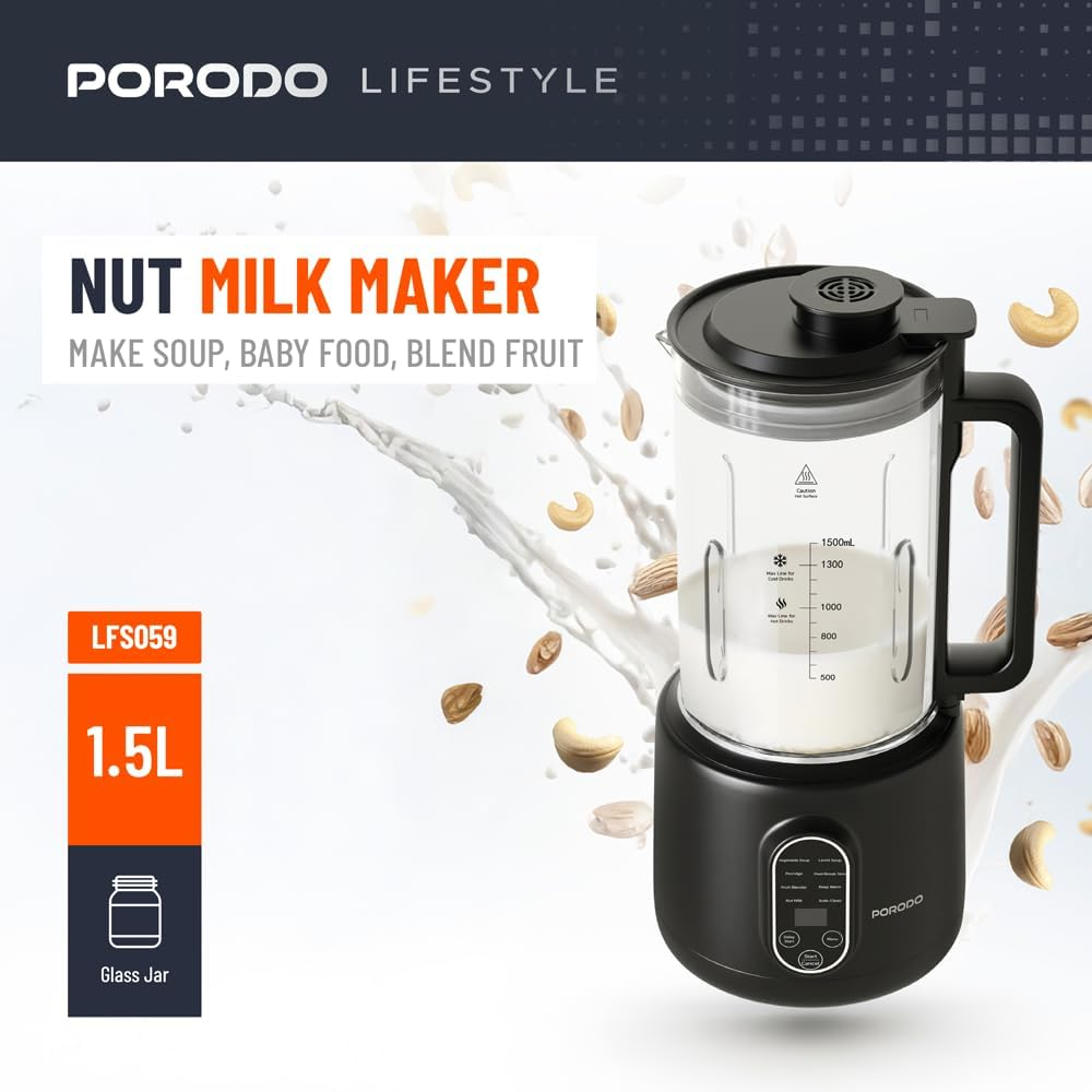 Porodo Lifetsyle Nut 600W Auto Hot and Cold Drink Maker 1500ml with Digital Display - Black