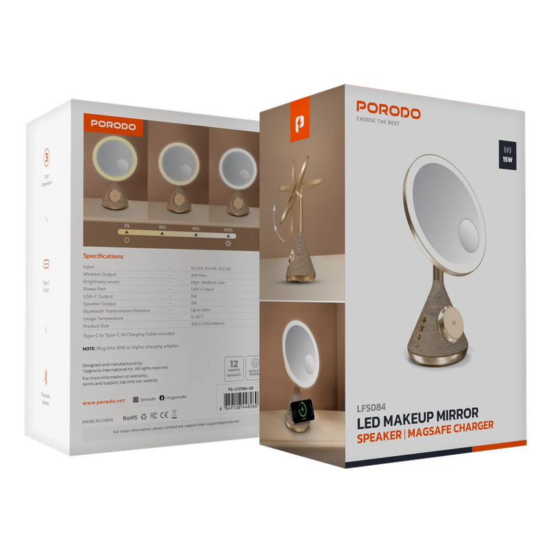 Porodo Lifestyle 15W Zoomed Mirror Magnetic Wireless Charger with Speaker & Adjusta