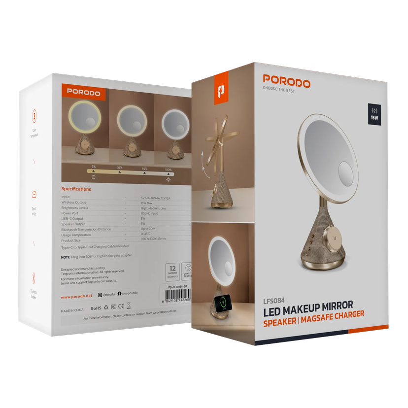 Porodo Lifestyle 15W Zoomed Mirror Magnetic Wireless Charger with Speaker & Adjusta