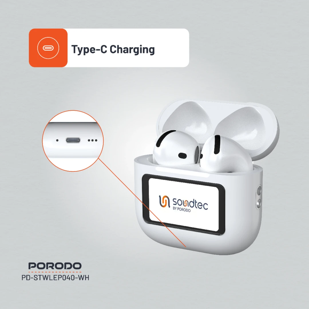 Porodo Soundtec Glimpse TWS ANC +ENC Earphone with Touch Screen - White