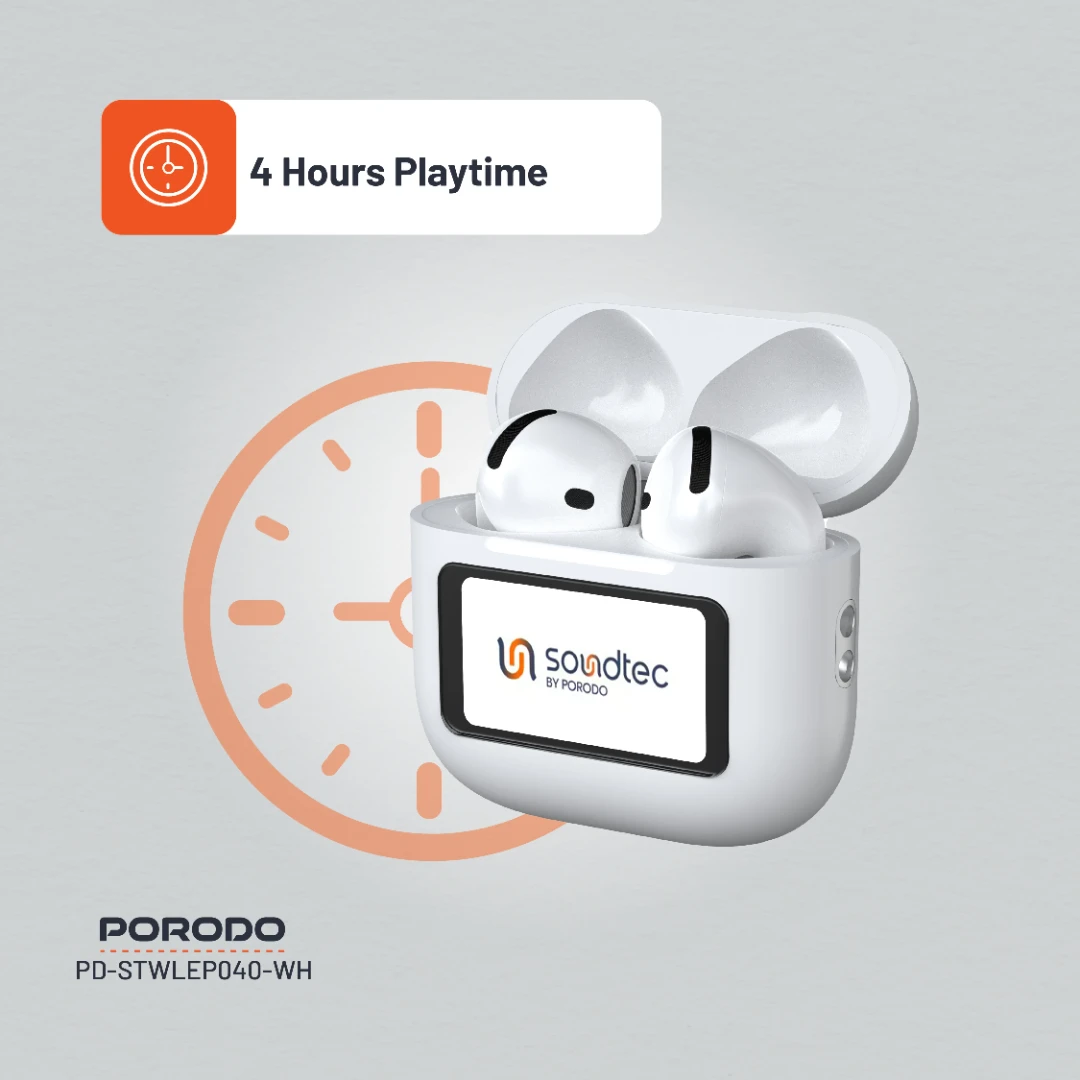Porodo Soundtec Glimpse TWS ANC +ENC Earphone with Touch Screen - White
