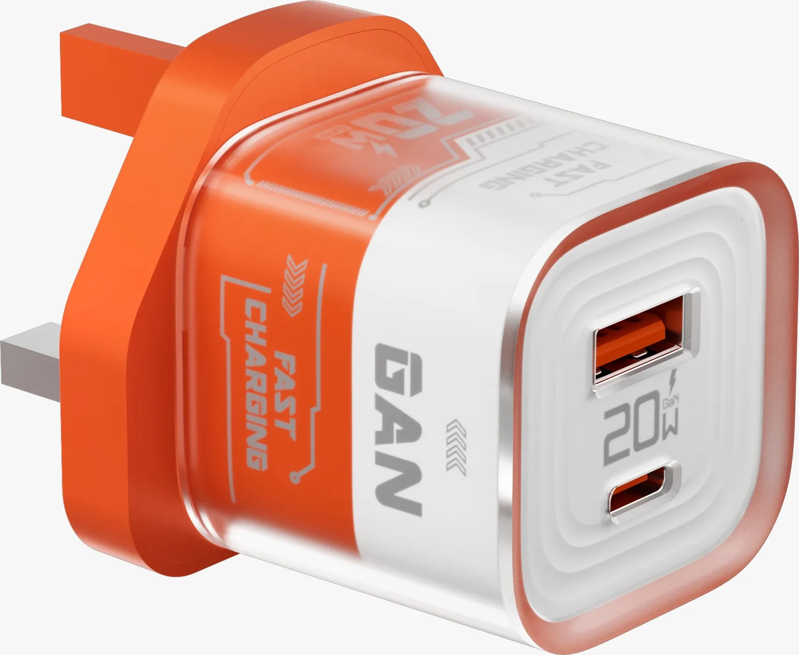 Porodo Crystal Shell PD 20W GaN UK Transparent Dual Port Fast Charger with C to L Cable - Orang