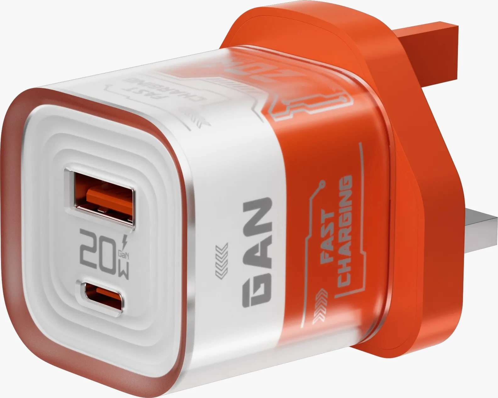 Porodo Crystal Shell PD 20W GaN UK Transparent Dual Port Fast Charger with C to L Cable - Orang