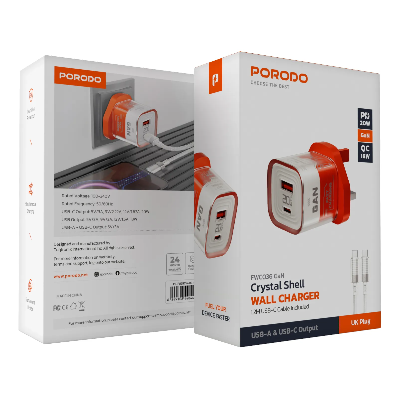 Porodo Crystal Shell PD 20W GaN UK Transparent Dual Port Fast Charger with C to L Cable - Orang