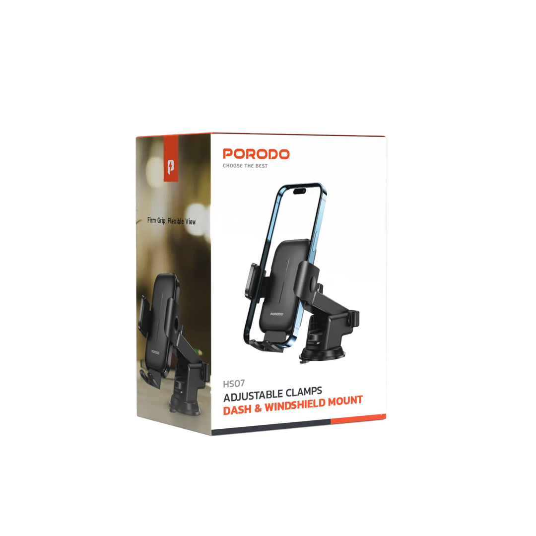 Porodo Universal Phone Stand Adjustable Clamp Car Phone - Black