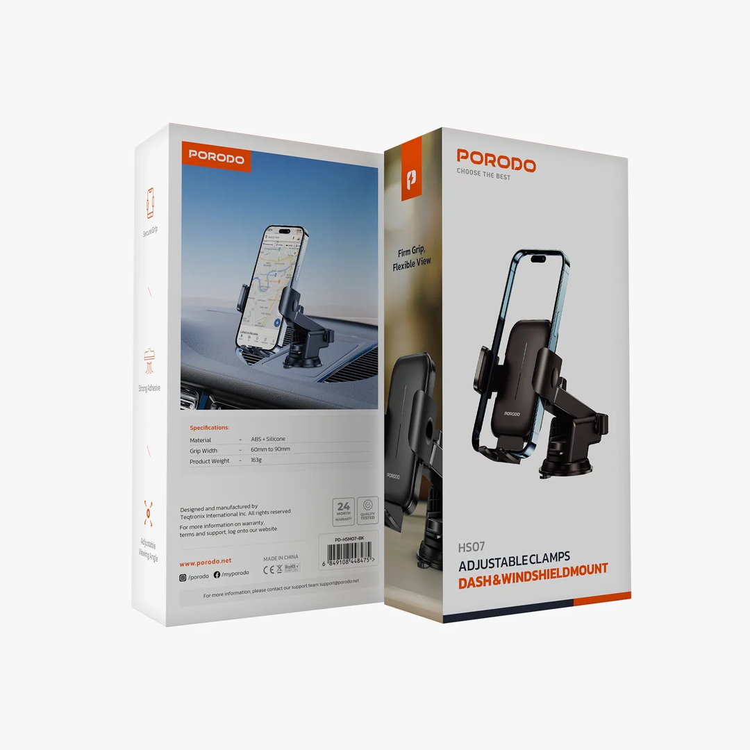 Porodo Universal Phone Stand Adjustable Clamp Car Phone - Black