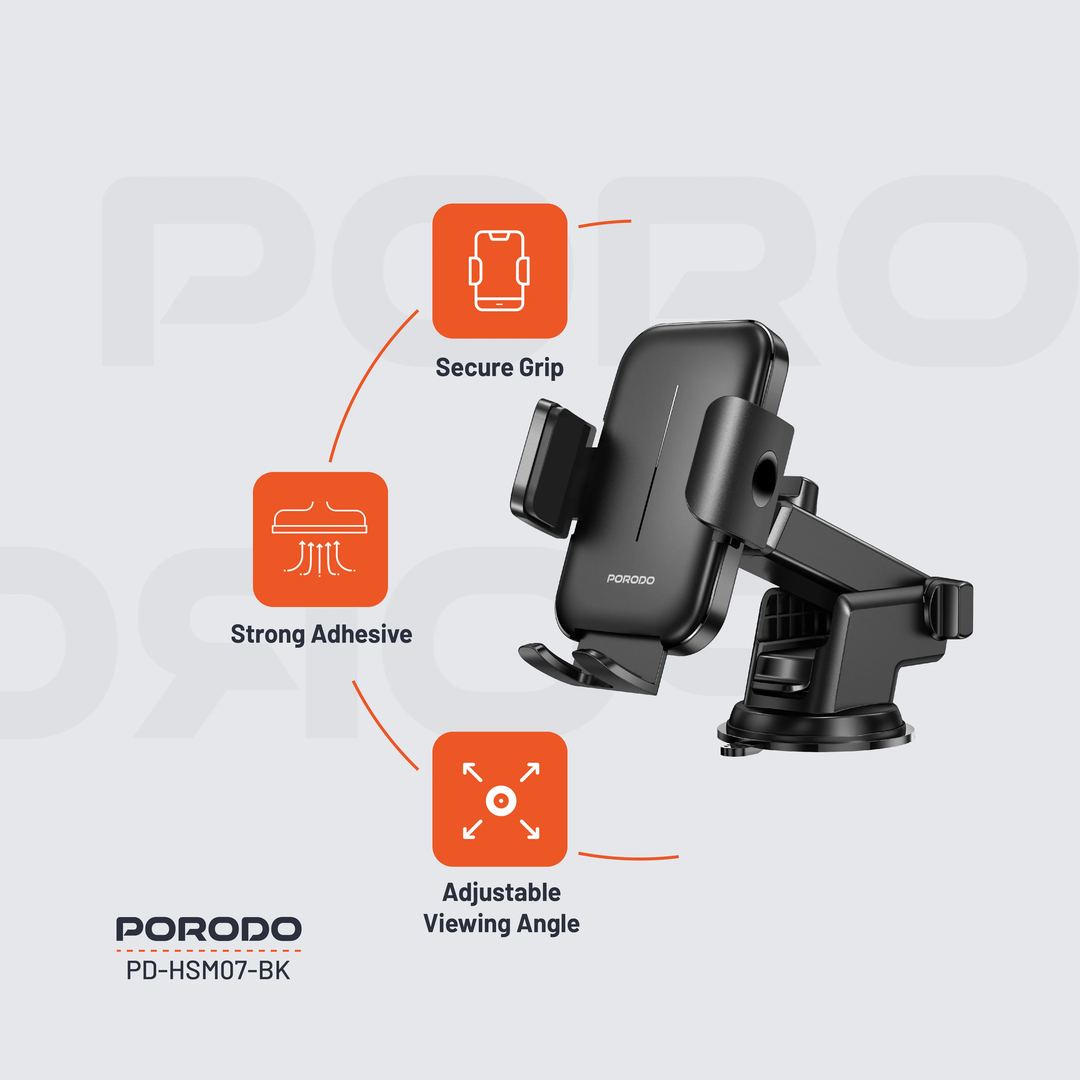 Porodo Universal Phone Stand Adjustable Clamp Car Phone - Black