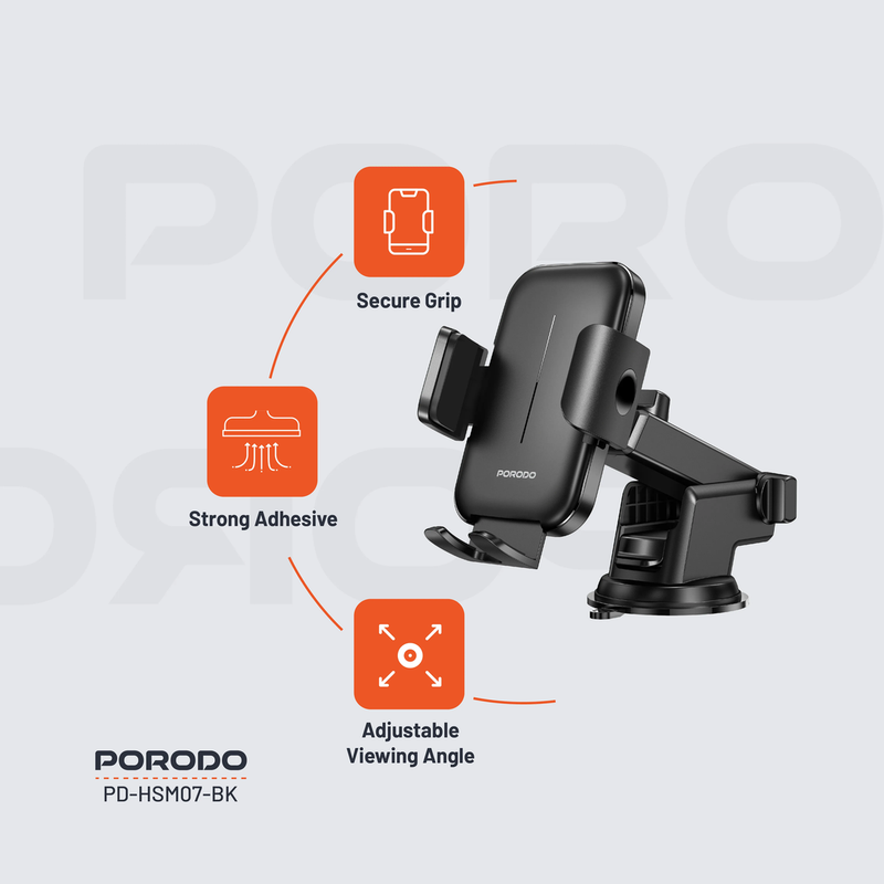 Porodo Universal Phone Stand Adjustable Clamp Car Phone - Black