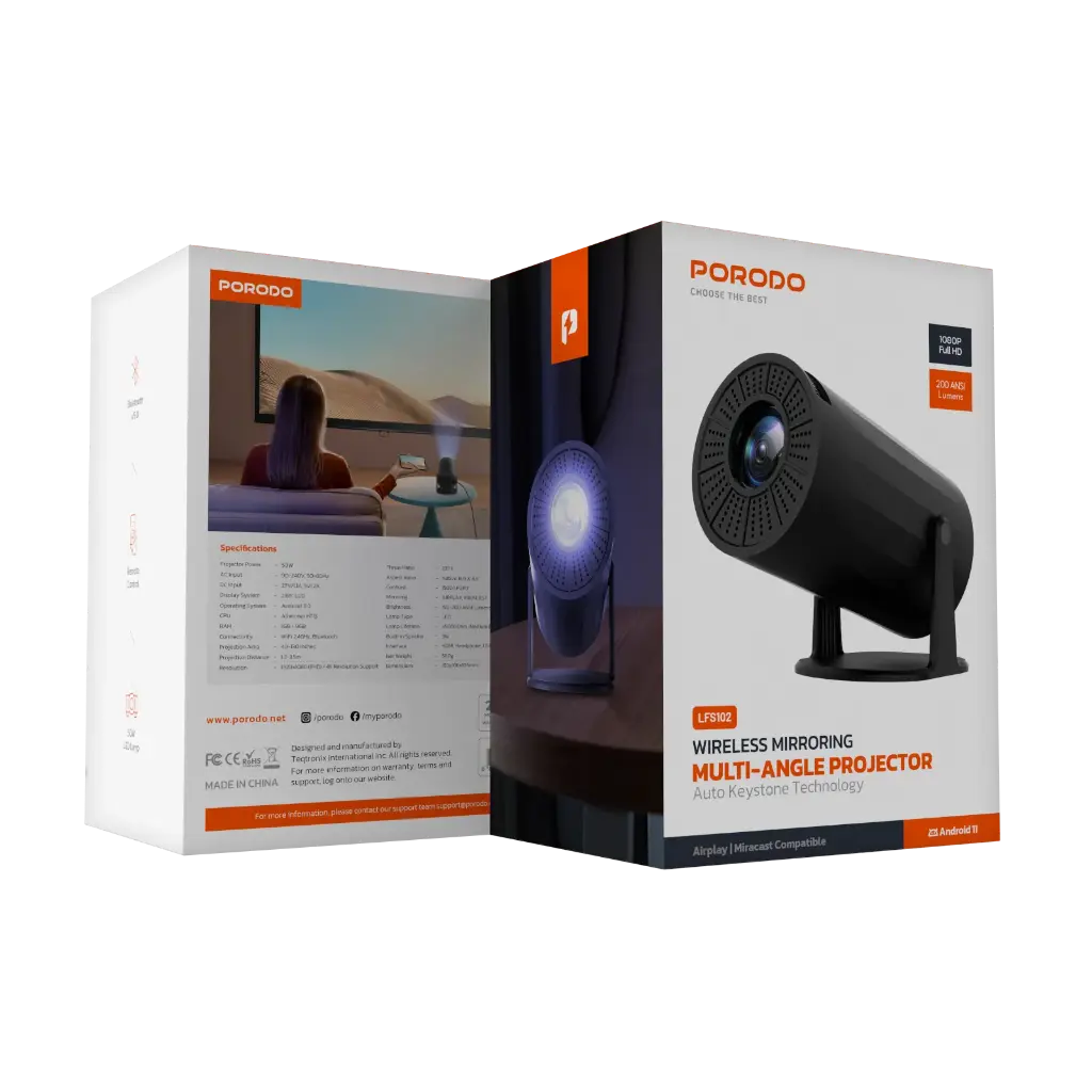 Porodo 4K Projector Pro Android 11 with Auto Keystone - Black
