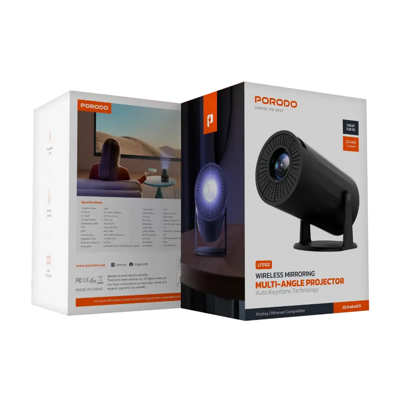 Porodo 4K Projector Pro Android 11 with Auto Keystone - Black