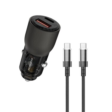 Porodo 96W Transparent USB-A+C Port Car Charger with C to C .9m Cable - Grey