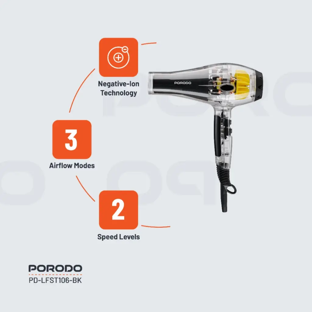 Porodo Crystal Shell 2000W Transparent Hair Dryer - Black