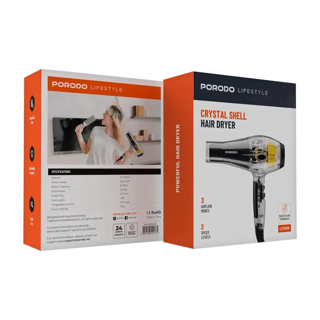 Porodo Crystal Shell 2000W Transparent Hair Dryer - Black
