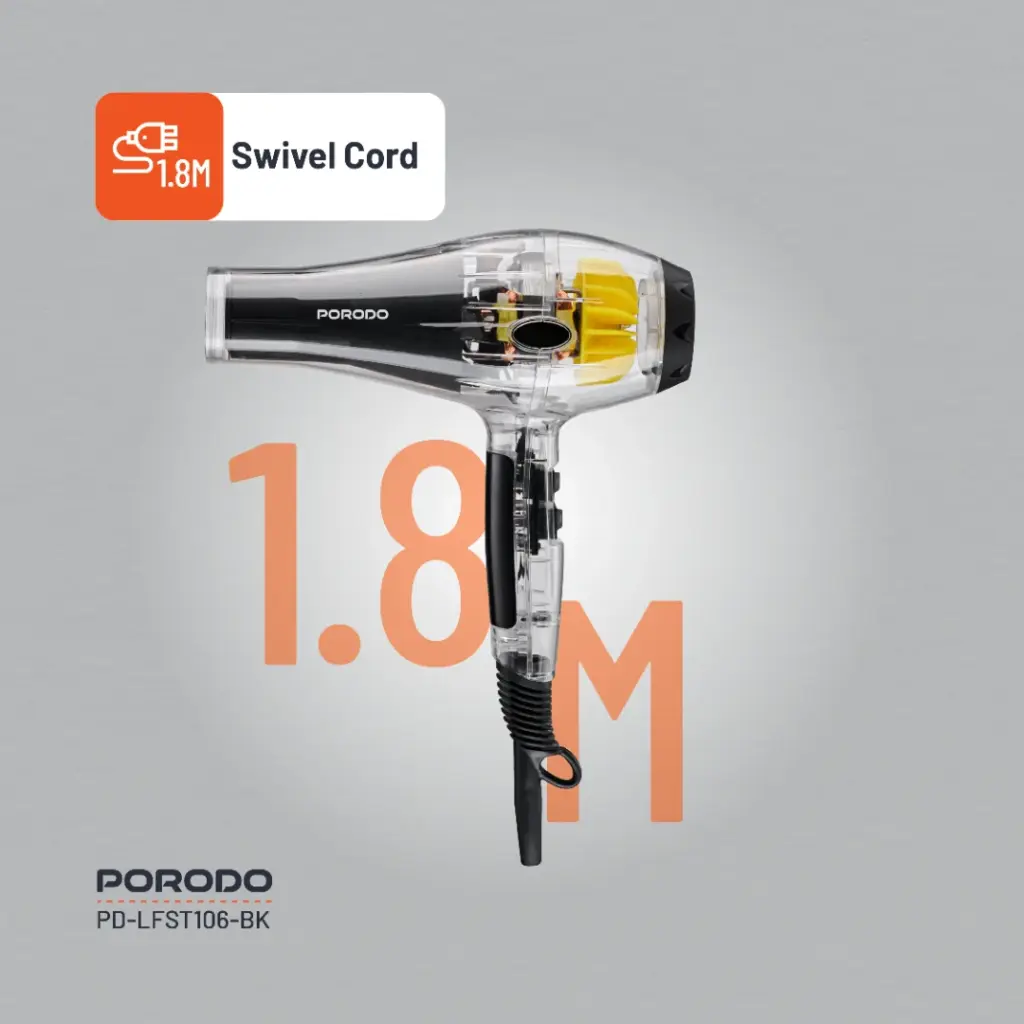 Porodo Crystal Shell 2000W Transparent Hair Dryer - Black