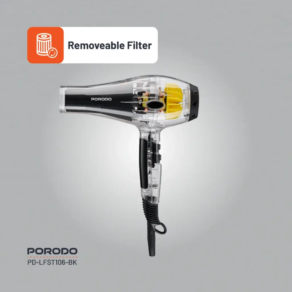 Porodo Crystal Shell 2000W Transparent Hair Dryer - Black