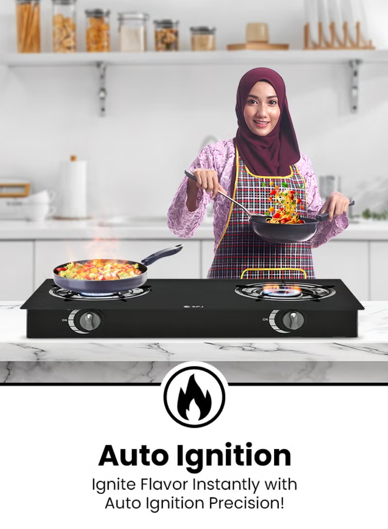 Spj 2 Burner Automatic Gas Stove With 6mm Tempered Glass Top Iron Beehive Burners Spj-Tt-Glx2003