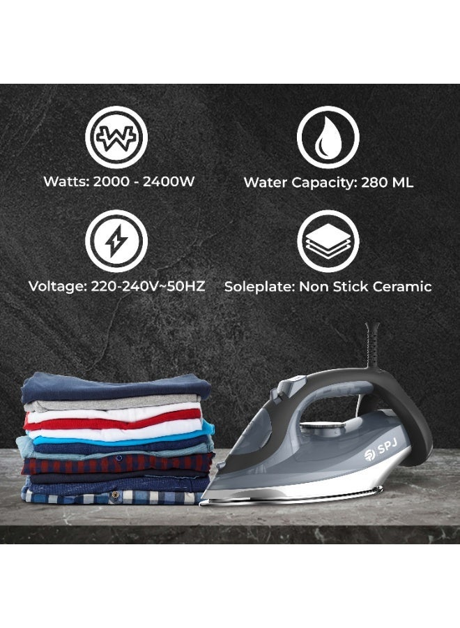 Spj 2400w Steam Iron With Ceramic Soleplate Vertical Steam Self-Clean Anti-Drip 280ml Tank Spj-Six-Grcs07