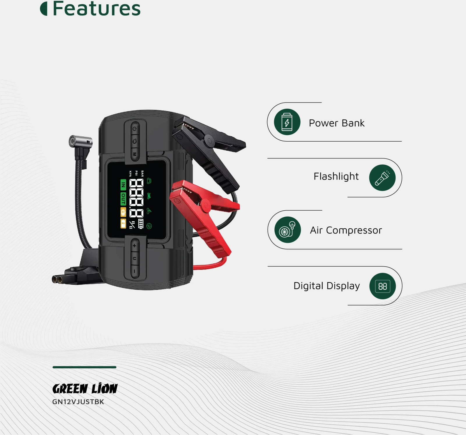 Green Lion 12V Jump Starter 12000 mAh - Black