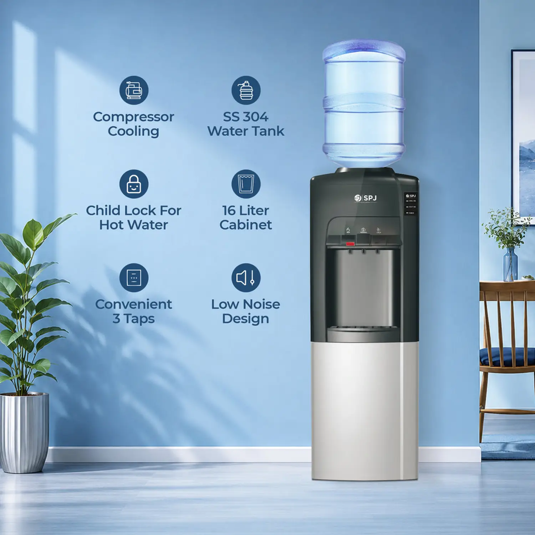 Spj High Performance 16l Top Loading Water Dispenser With Refrigerator Cabinet 3 Taps, Child Safety Lock Spj-Wdblr-Rf004