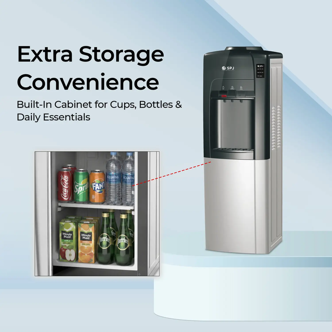 Spj High Performance 16l Top Loading Water Dispenser With Refrigerator Cabinet 3 Taps, Child Safety Lock Spj-Wdblr-Rf004