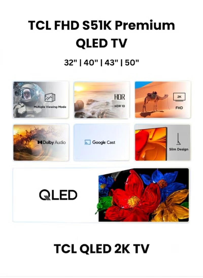 TCL 50S51K 50-Inch S51K 2K QLED Smart TV (2026 UAE Version) - TCL 50" Google TV, 50S51K FHD QLED