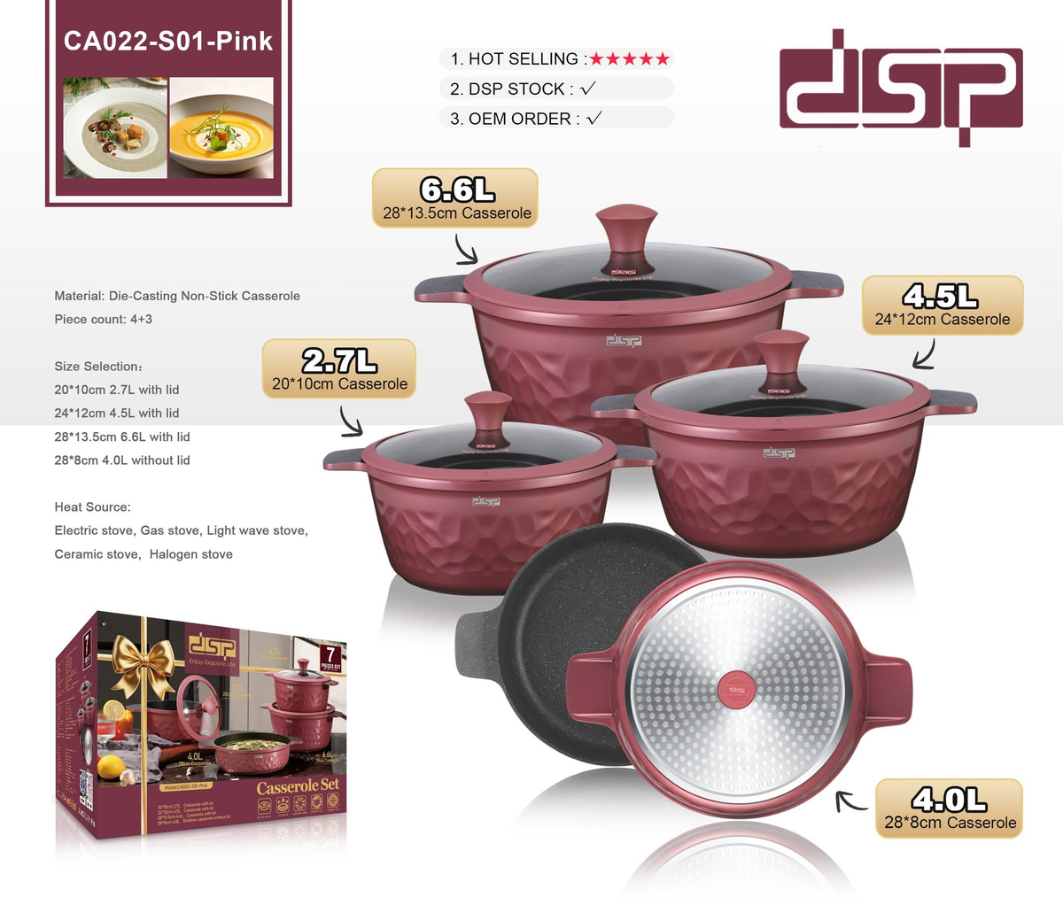 DSP 4-Piece Nonstick Casserole Set - Die-Cast Aluminum Pots With Glass Lids 2.7L to 6.6L Bakelite Knobs & Silicone Edge CA022-S01